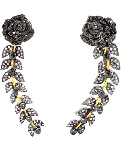 Artisan 18k Yellow Gold With Natural Diamond Flower Dangle Earrings - Metallic