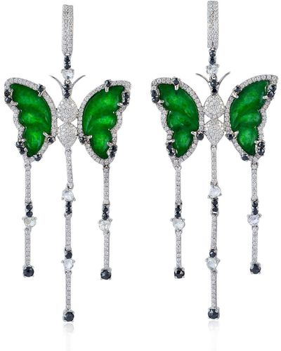 Artisan 18k White Gold Diamond Jade Sapphire Butterfly Dangle Earrings - Green