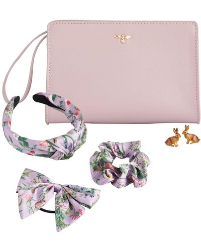 Fable England Lilac Wristlet Pouch, Meadow Creatures Headband, Scrunchie & Bow In Lilac Set & Enamel Rabbit Earrings - Pink