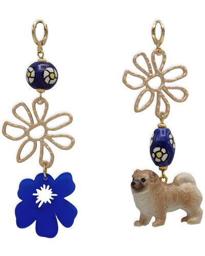 Midnight Foxes Studio Chow Chow Dog & Flower Gold Earrings - Metallic