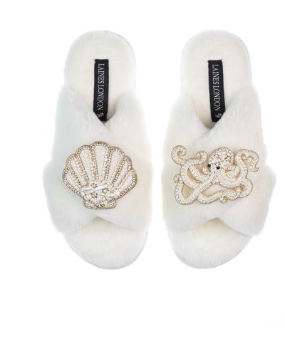 Laines London Classic Laines Slippers With Pearl Beaded Octopus & Shell Brooches - White