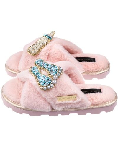 Laines London Ultralight Chic Laines Slipper Sliders With New Baby Boy Brooches - Pink