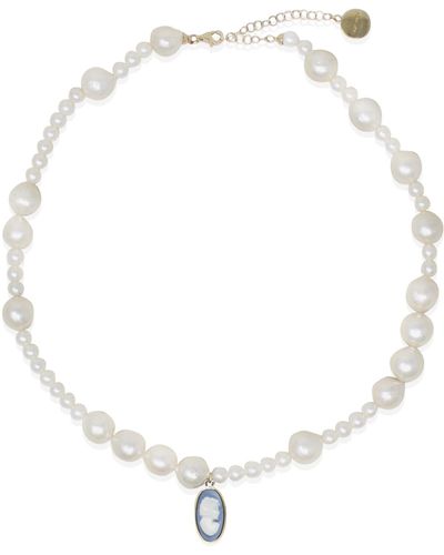 Vintouch Italy Boreas Mismatched Pearl And Sky Blue Cameo Necklace - Metallic
