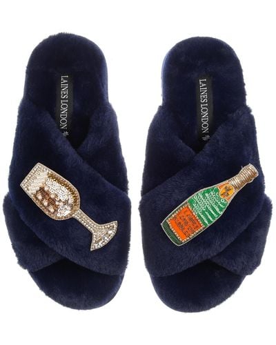 Laines London Classic Laines Slippers With Laines Champers & Glass Brooches - Blue