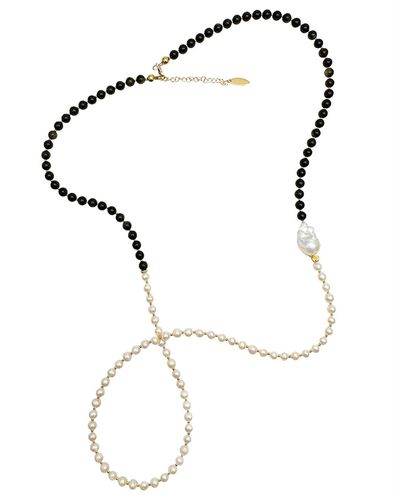 Farra Black Obsidian And White Freshwater Pearls Long Necklace - Metallic