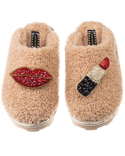 Laines London Teddy Towelling Closed Toe Slippers With Red & Gold Pucker Up Brooches - Brown