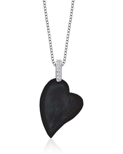 Genevive Jewelry Cz Sterling Silver Rhodium Plated Heart Shape Black Mother Of Pearl Pendant