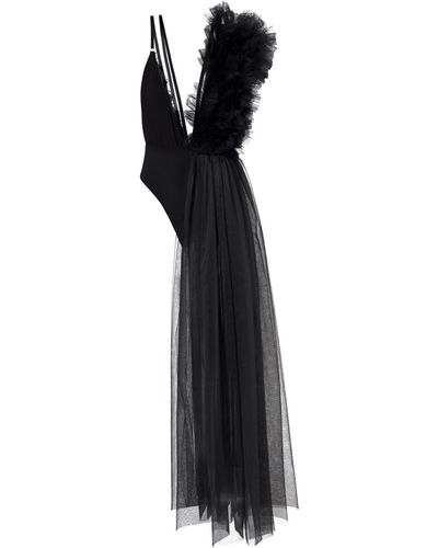 LIA ARAM Lace Deconstructed Ruffled Bodysuit - Black