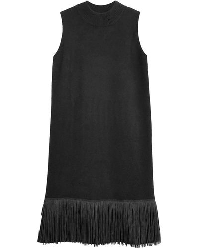 Zenzee Cashmere Mockneck Shift Dress With Fringe Hem - Black