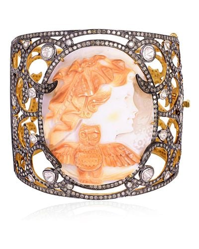 Artisan 18k Gold 925 Silver & Shall Cameos With Diamond Designer Cuff Bracelet Bangle - Multicolor