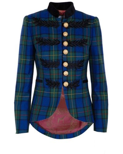 The Extreme Collection Embroidered Plaid Single Breasted Blazer With Crew Neck Renata Love Tartan - Blue