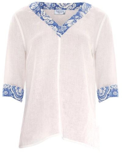 Haris Cotton V Neckline Linen Blouse With Printed Details Floral Blue - Pink