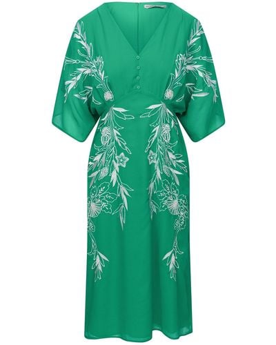 Hope & Ivy The Frances Embroidered Flutter Sleeve Plunge Neck Midi Dress - Green