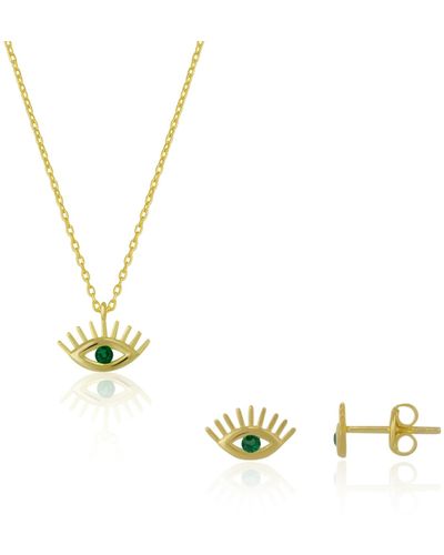 Spero London Emerald Eye Evil Eye Sterling Silver Necklace & Stud Earring Set - Metallic