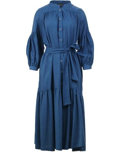 Conquista Linen Style Dress With Pockets - Blue