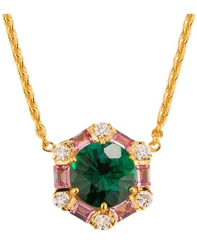 Juvetti Emerald, Pink Sapphires & Diamonds Melba Gold Necklace - Metallic