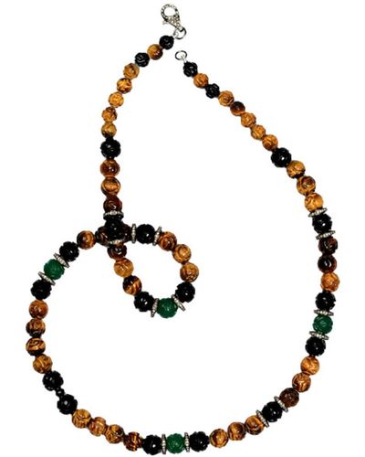Artisan Carving Onyx Tiger Eye Diamond Beaded Necklace 925 Sterling Silver Jewelry - White