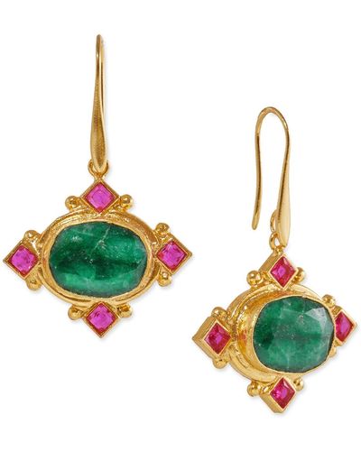 Ottoman Hands Raina Emerald And Pink Crystal Drop Earrings - Green