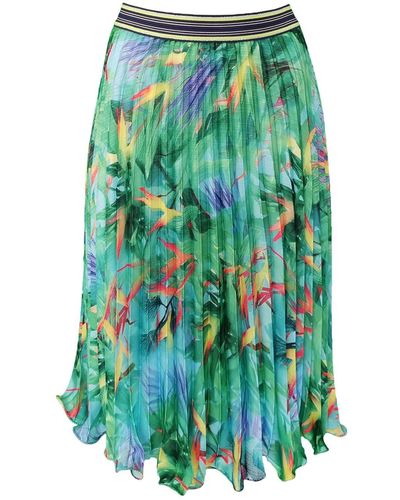 Lalipop Design Pleated Midi Skirt With Digital Print Leaf Patterns - Green