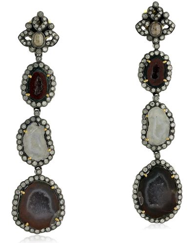 Artisan 925 Sterling Silver Geode Dangle Earrings 18k Yellow Gold Jewellery - Black