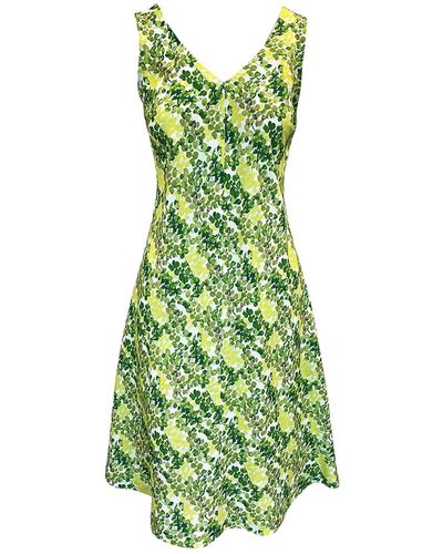 Haris Cotton V Neck Printed Linen Blend Dress - Green