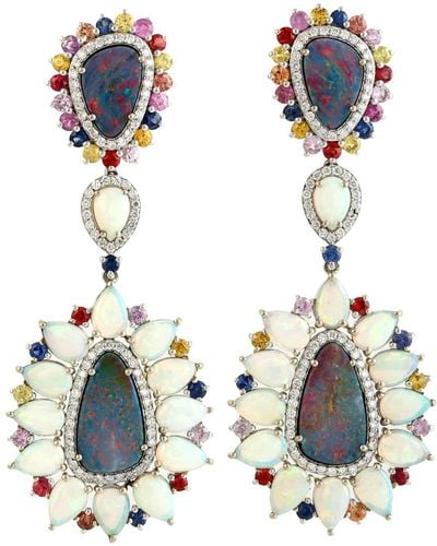 Artisan Unique Austrlian Opal & Doublet With Ethiopian Multi Sapphire Diamond In 18k White Gold Dangle Earrings - Blue