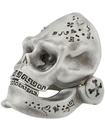 Snake Bones Skull Ring With Hinged Jaw In Sterling Silver - Metallic