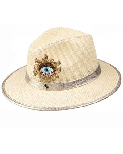 Laines London Neutrals Straw Woven Hat With Embellished Mystic Eye Brooch - Natural