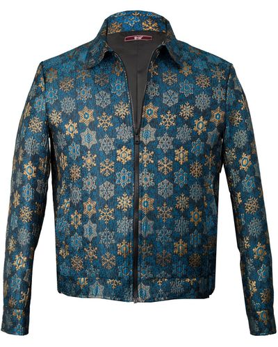 DAVID WEJ Kensington Handmade Aviator Brocade Jacket – Teal & Gold - Blue