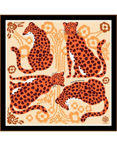 Jessie Zhao New York Silk Bandana Of Leopards With Floral Fountain - Brown
