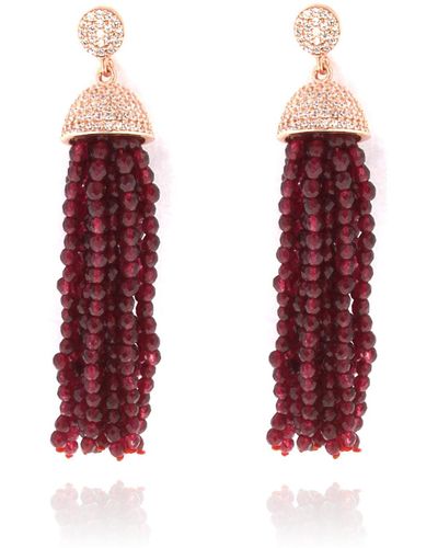 Cosanuova Sterling Silver Jade Tassel Earrings In Rose Gold - Red