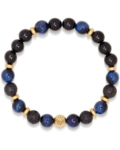 Nialaya Wristband With Blue Tiger Eye, Black Agate, Lava Stone And Gold