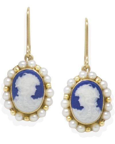 Vintouch Italy Cecilia Solid Gold Blue Cameo And Pearl Earrings