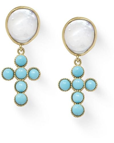 Vintouch Italy Hope Gold-plated Turquoise Cross Earrings - Blue