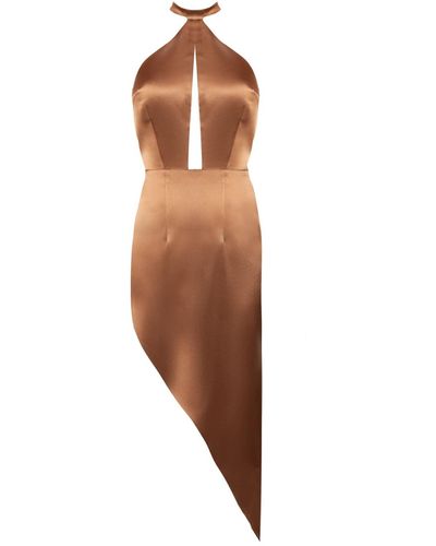Nomi Fame Pamela Satin Halter Neck Dress With Asymmetric Skirt - Brown