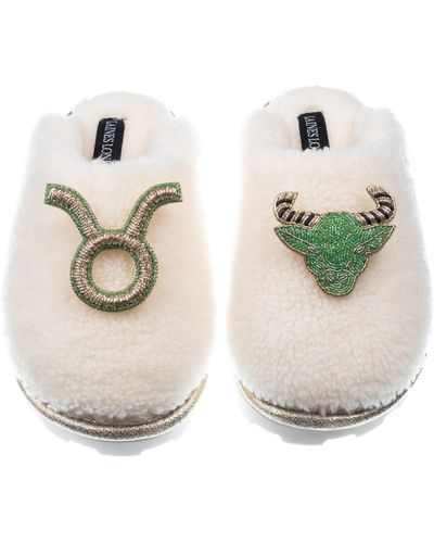 Laines London Teddy Closed Toe Slippers With Taurus Zodiac Brooches - Metallic
