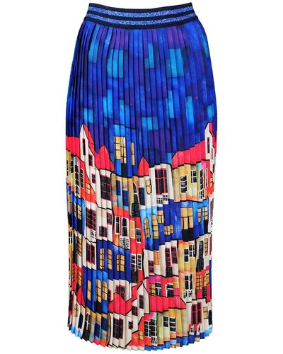 Lalipop Design Multi-color Pleated Maxi Skirt With House Pattern - Blue