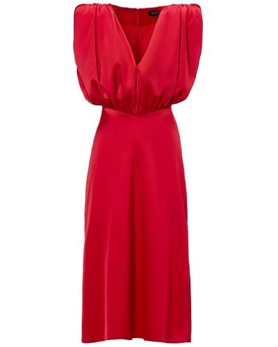 BLUZAT Midi Dress With V-shaped Draped Bodice - Red