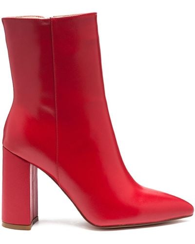 Rag & Co Margen Ankle High Pointed Toe Block Heeled Boot - Red