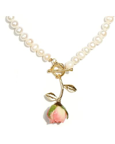 I'MMANY LONDON Real Flower Bella Rosa Rosebud & Freshwater Pearl Necklace - Metallic