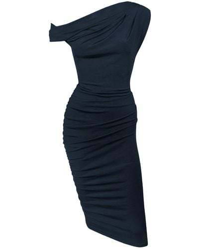 Me & Thee Lo And Behold Navy Twist Shoulder Dress - Blue