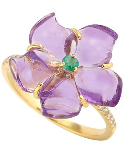 Artisan 14k Gold Flower Ring Emerald Diamond Mix Stone - Purple