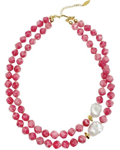 Farra Pink Gemstone With Baroque Pearls Double Layers Necklace - Red