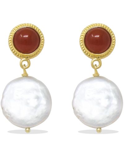 Vintouch Italy Gold-plated Carnelian & Keshi Pearl Earrings - Red