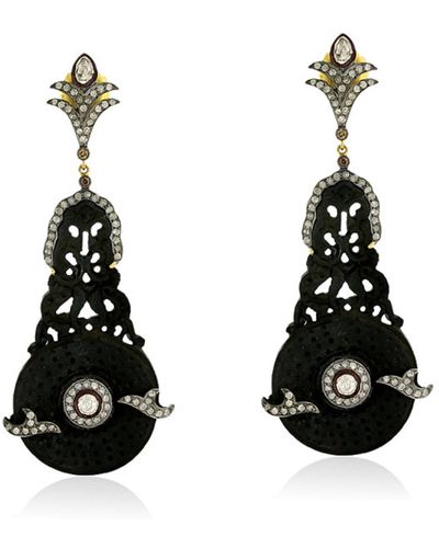 Artisan Carving Jet Gemstone & Pave Diamond In 18k Gold With Sterling Silver Dangle Earrings - Black