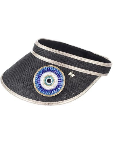 Laines London Straw Woven Visor With Couture Embellished Evil Eye Brooch - Black