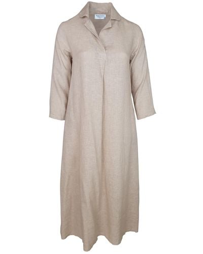 Haris Cotton Neutrals Maxi Linen Dress With Front Pleat And Lapels - Natural