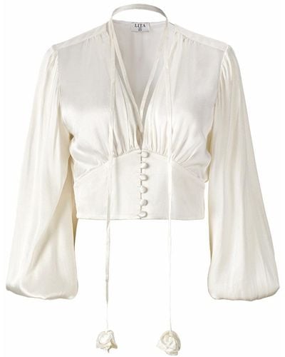 Lita Couture Ample-sleeve Satin Top In - White