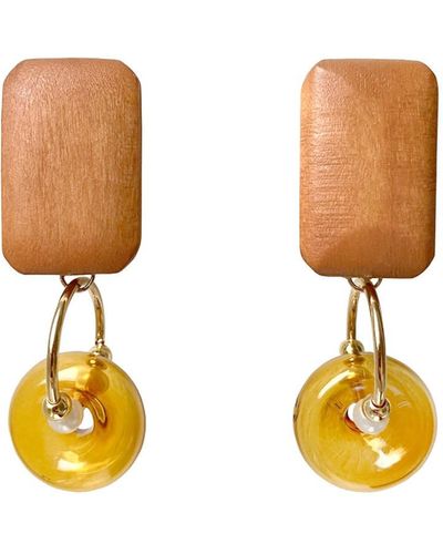 Paisie Geometric Pine Wood Earrings In Brown & Orange - Metallic