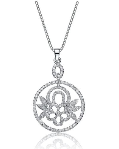 Genevive Jewelry Sterling Silver Cubic Zirconia Dangling Flower Pendant Necklace - Metallic